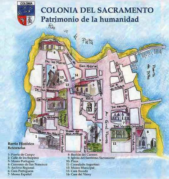 Mapa do centro histórico de Colonia del Sacramento, no Uruguai. São apenas alguns poucos quarteirões em uma pequena península que avança sobre o Rio da Prata